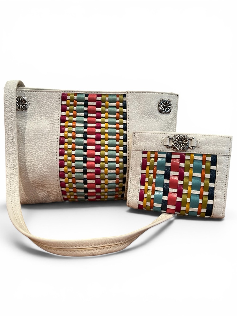 Brighton Viva Weave Vintage White Leather Rainbow Shoulder Bag and Wallet Set